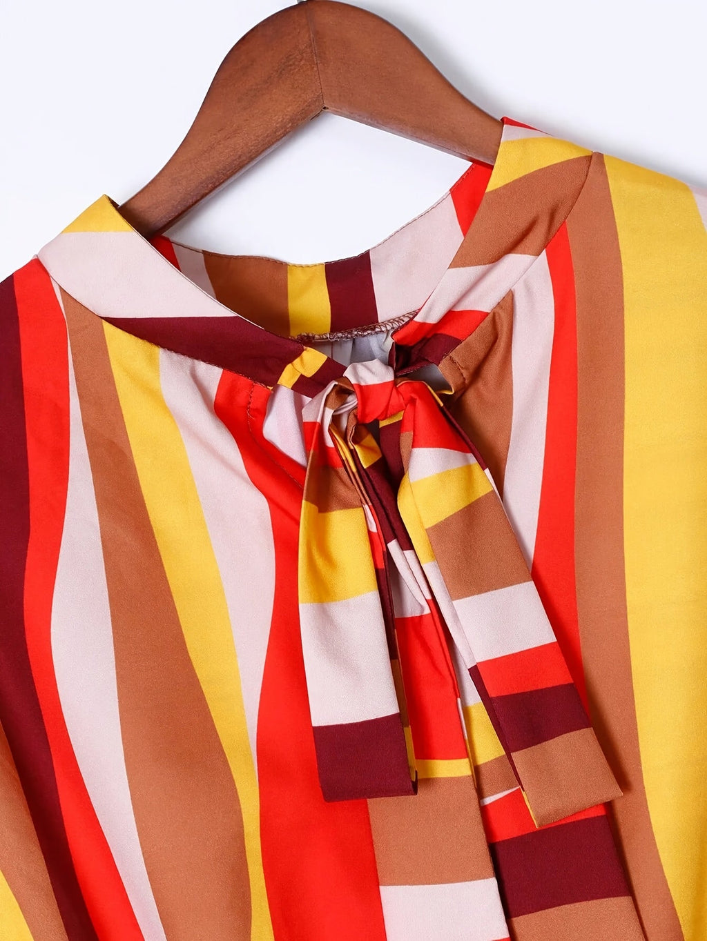 Women's Plus Size Fashion Casual Striped Short Dress with Tie Neck Detail