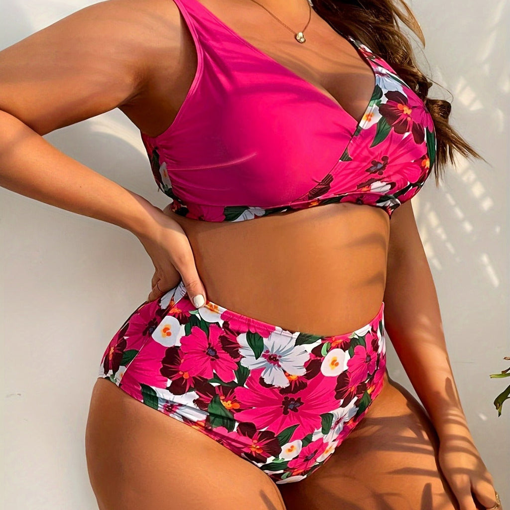 Plus Size Digital Printing Push Up Fashion Women's Split Bikini Swimsuit