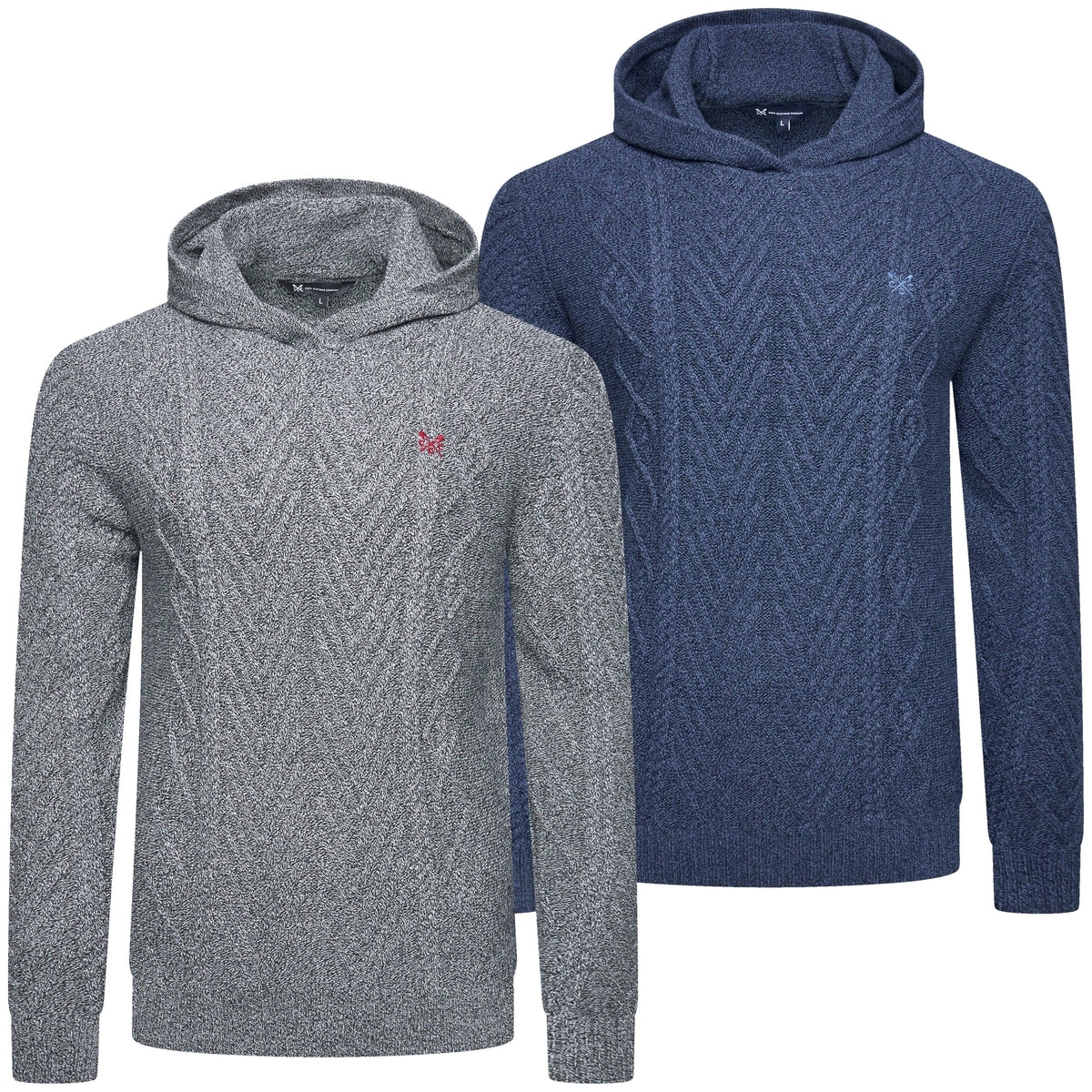 Two hooded knit sweaters shown on a white background: one heather gray with a small red embroidered logo on the chest, and one heather navy blue with a small white embroidered logo on the chest. Both sweaters have a textured chevron cable knit pattern and are displayed overlapping.