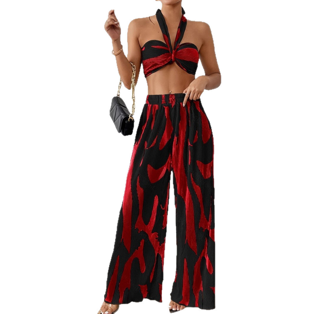 Halter Tube Top & Flame Print Wide-Leg Pants Set – Bold Streetwear 2-Piece Outfit