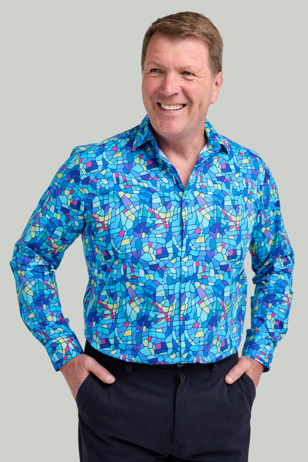 Double TWO Mosaic Print Long Sleeve Shirt For Men in Blue, M-5XL