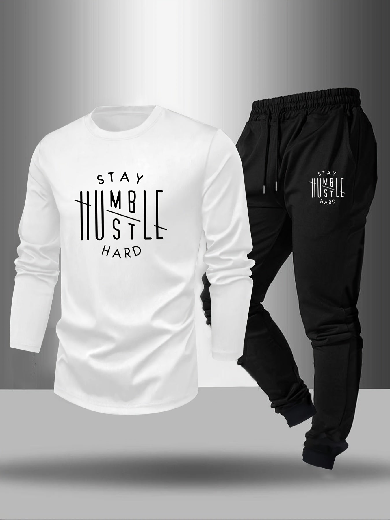 Men’s “STAY HUSTLE HARD” Long Sleeve T-Shirt & Jogger Set – 2-Piece Casual Outfit with Bold Print, Stretch Fabric, and Elastic Waistband for Spring/Fall