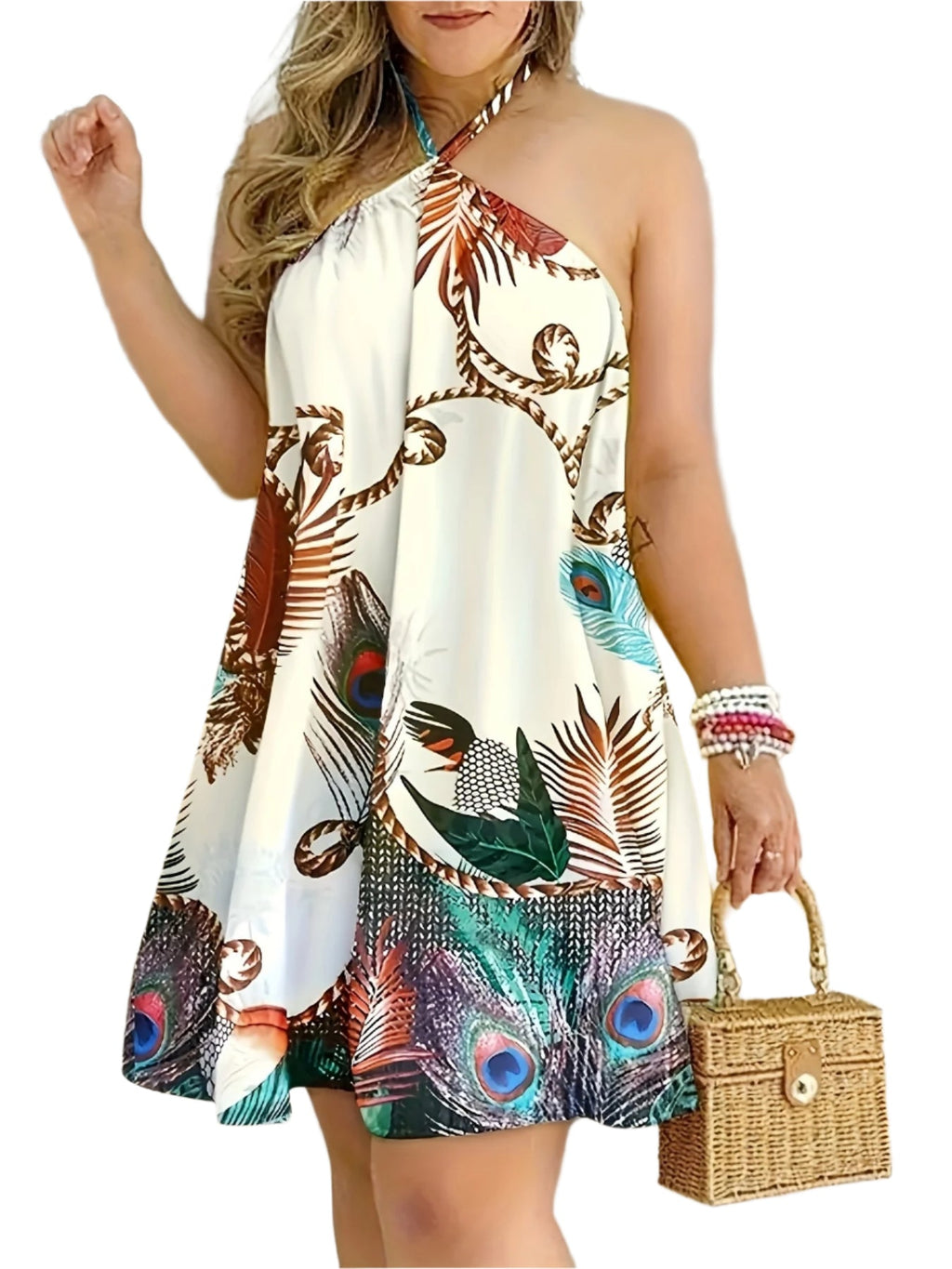 ST22079 Women's Summer Off-Shoulder Halter Tie Loose Printed Dress