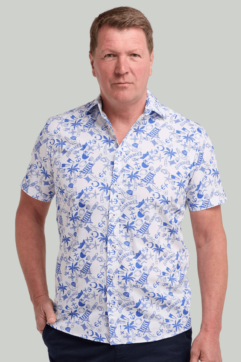 Double TWO Beach Print Short Sleeve Shirt For Men in Blue, M-5XL