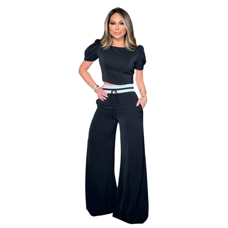 Women’s Autumn Puff Sleeve Top & Lace-Up Wide-Leg Trousers Set – Chic Casual Co-ord Outfit