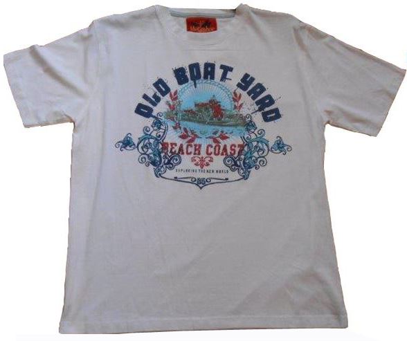 METAPHOR PURE COTTON PRINTED T SHIRT "OLD BOAT YARD" IN SIZE 2XL TO 8XL, WHITE & SKY BLUE