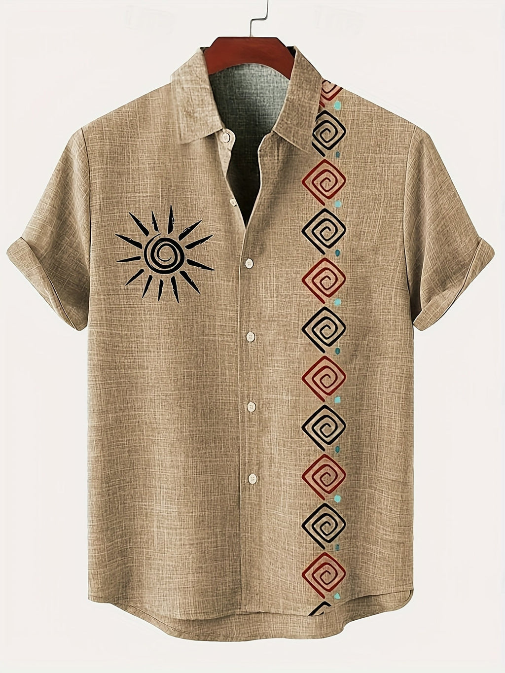 Men's Lightweight Short-Sleeve Linen-Look Shirt with Tribal Geometric Pattern