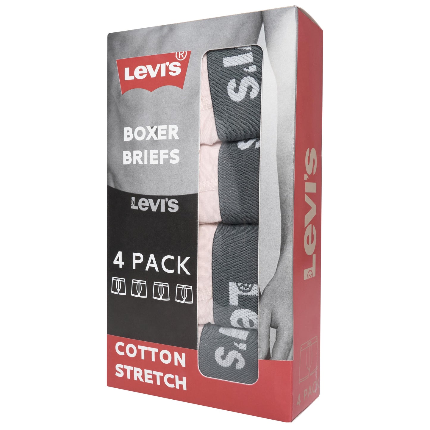 Levi's 4-pack of cotton stretch boxer briefs in a retail box. The packaging features a gray and red design with a clear window showing the four pairs of boxer briefs inside, which are gray and white with 'Levi's' printed on them.