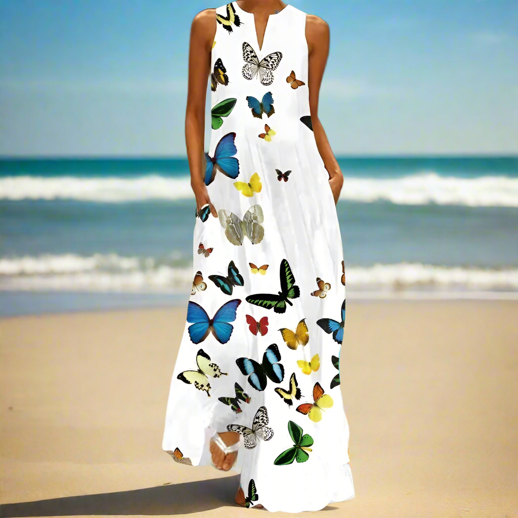 2.Bohemian Maxi Dresses for Women with Pockets Loose Summer Clothing Printed Ankle-Length A-Line Dresses