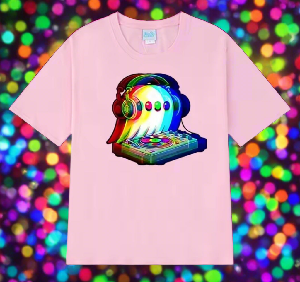 2.Pink - Ghost DJ Optical Illusion T-Shirt – Trippy EDM Rave Halloween Tee for House Music Lovers