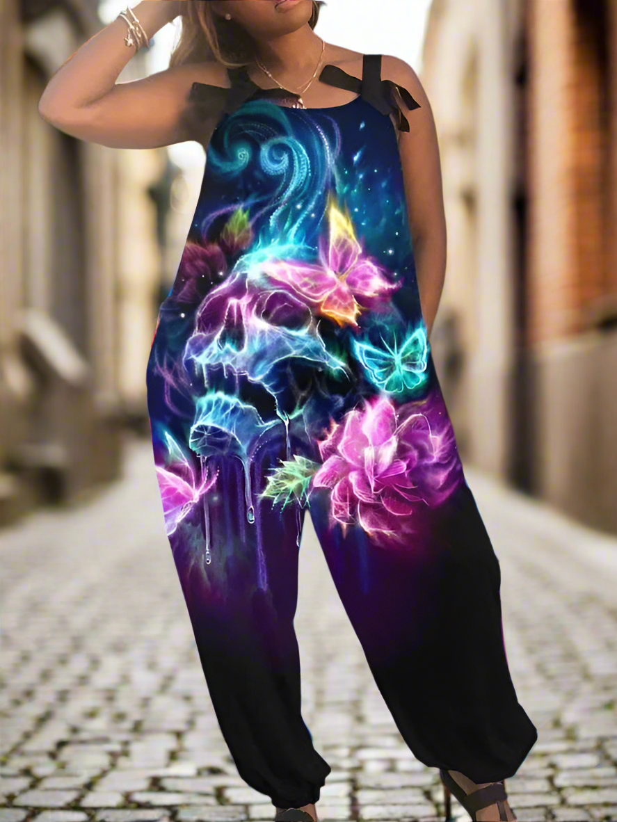 1.Women’s Gothic Skull Print Wide-Leg Jumpsuit – Punk Halloween Streetwear Rompers | High-Waist Full-Length Overalls for Spring, Summer & Autumn