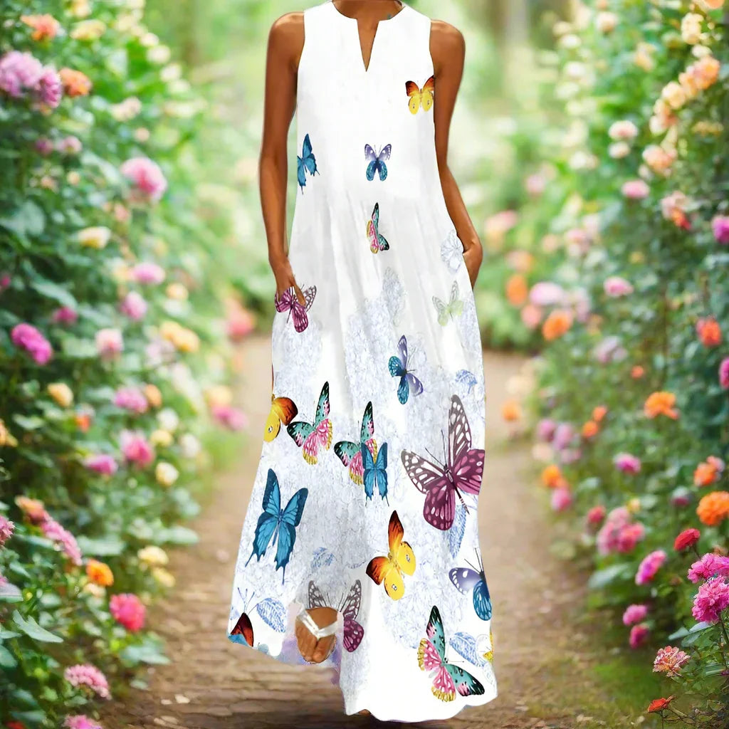 2.Bohemian Maxi Dresses for Women with Pockets Loose Summer Clothing Printed Ankle-Length A-Line Dresses