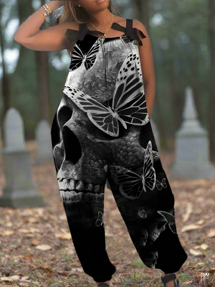 1.Women’s Gothic Skull Print Wide-Leg Jumpsuit – Punk Halloween Streetwear Rompers | High-Waist Full-Length Overalls for Spring, Summer & Autumn