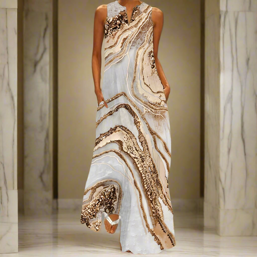 Gold Marble Print Maxi Dress – Women's Sleeveless V-Neck Summer Dress with Pockets