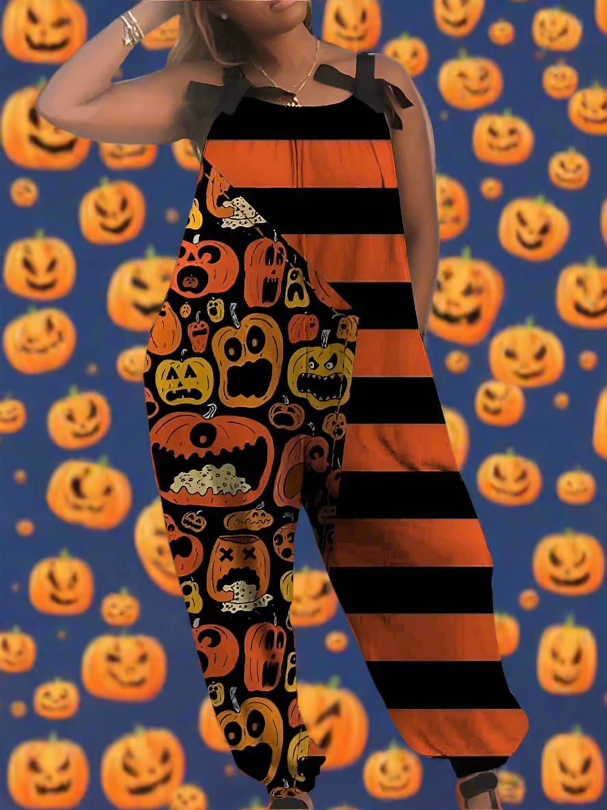 2.Women’s Gothic Skull Print Wide-Leg Jumpsuit – Punk Halloween Streetwear Rompers | High-Waist Full-Length Overalls for Spring, Summer & Autumn