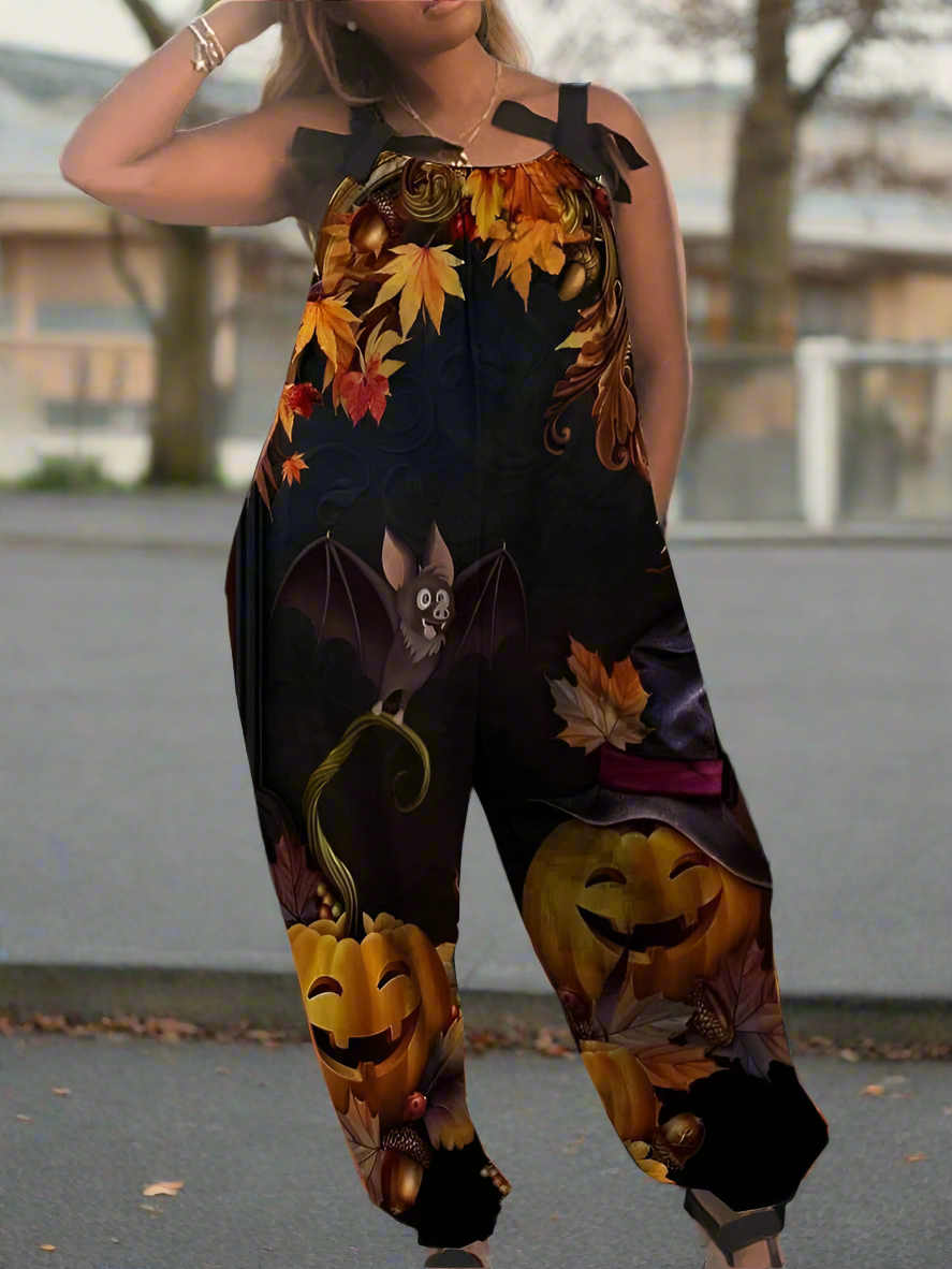 2.Women’s Gothic Skull Print Wide-Leg Jumpsuit – Punk Halloween Streetwear Rompers | High-Waist Full-Length Overalls for Spring, Summer & Autumn