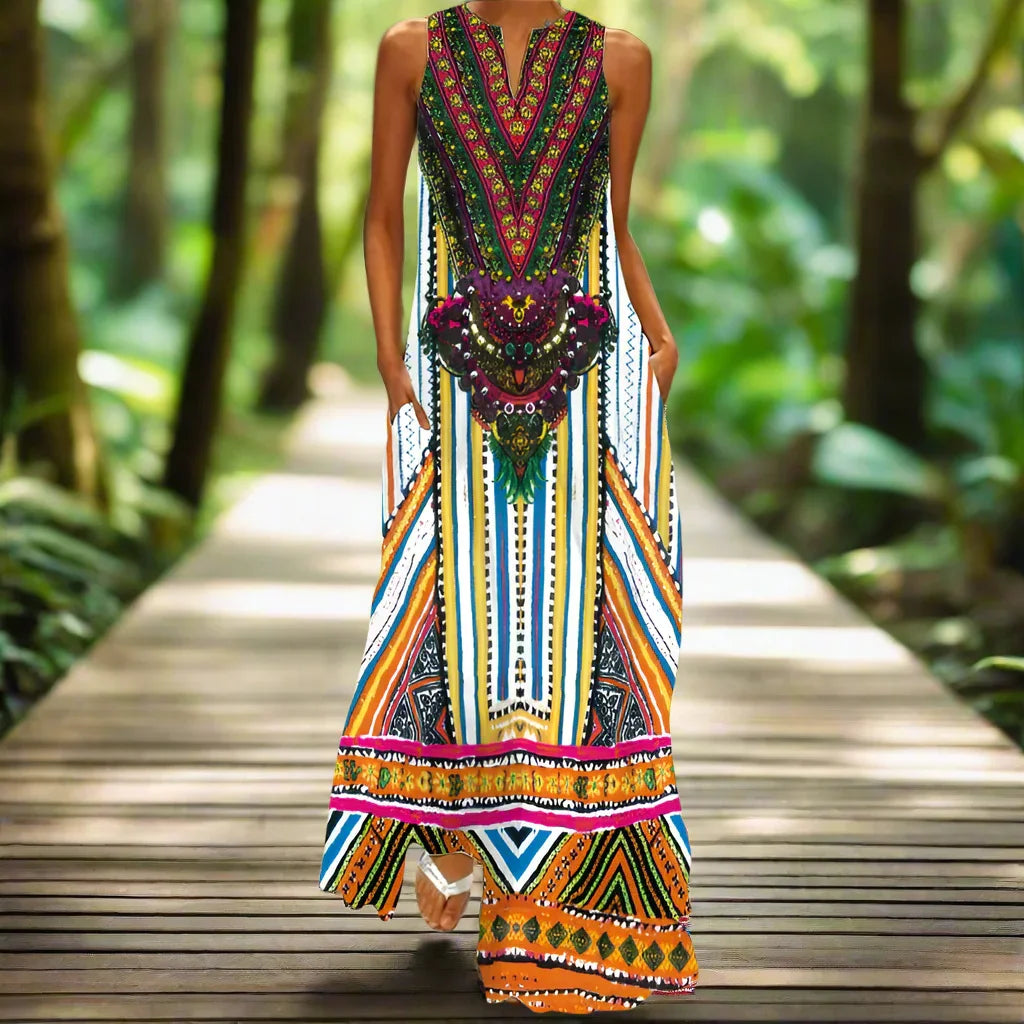 2.Bohemian Maxi Dresses for Women with Pockets Loose Summer Clothing Printed Ankle-Length A-Line Dresses