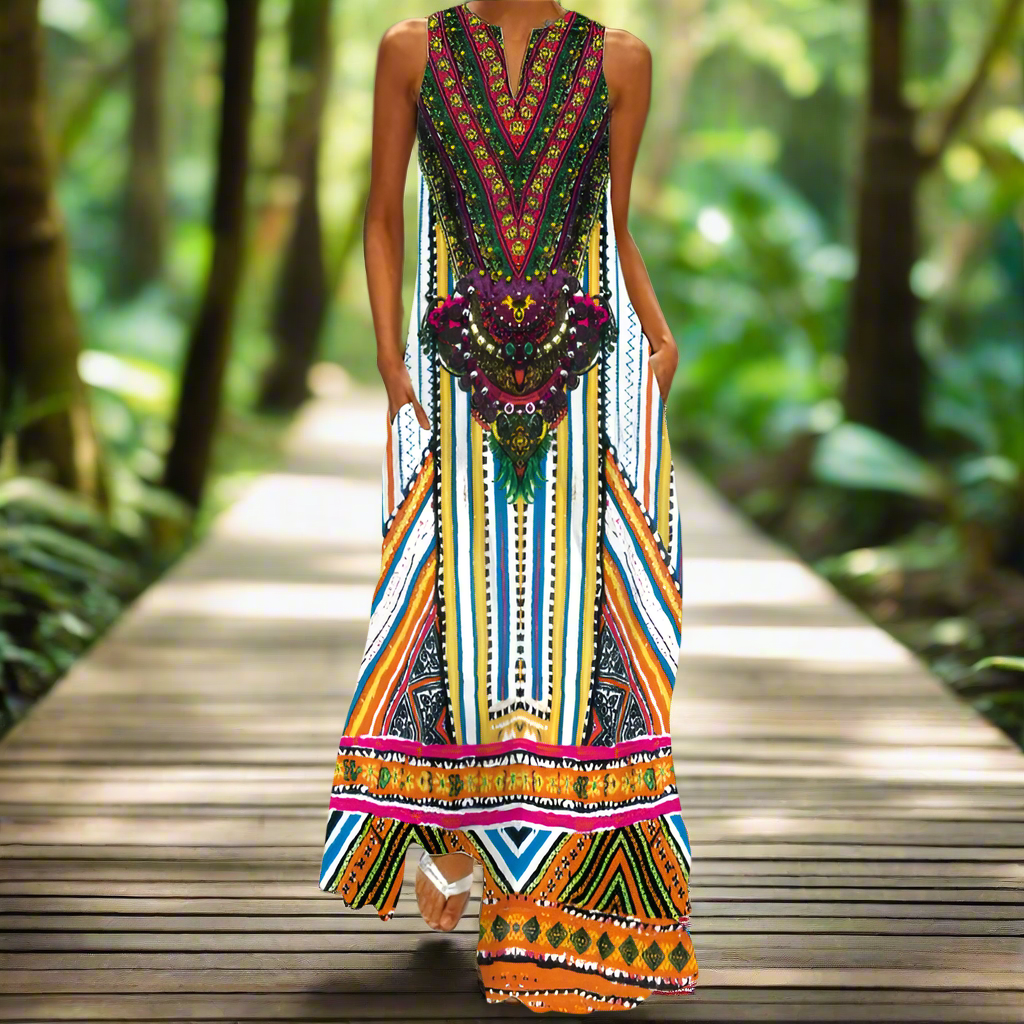 2.Bohemian Maxi Dresses for Women with Pockets Loose Summer Clothing Printed Ankle-Length A-Line Dresses