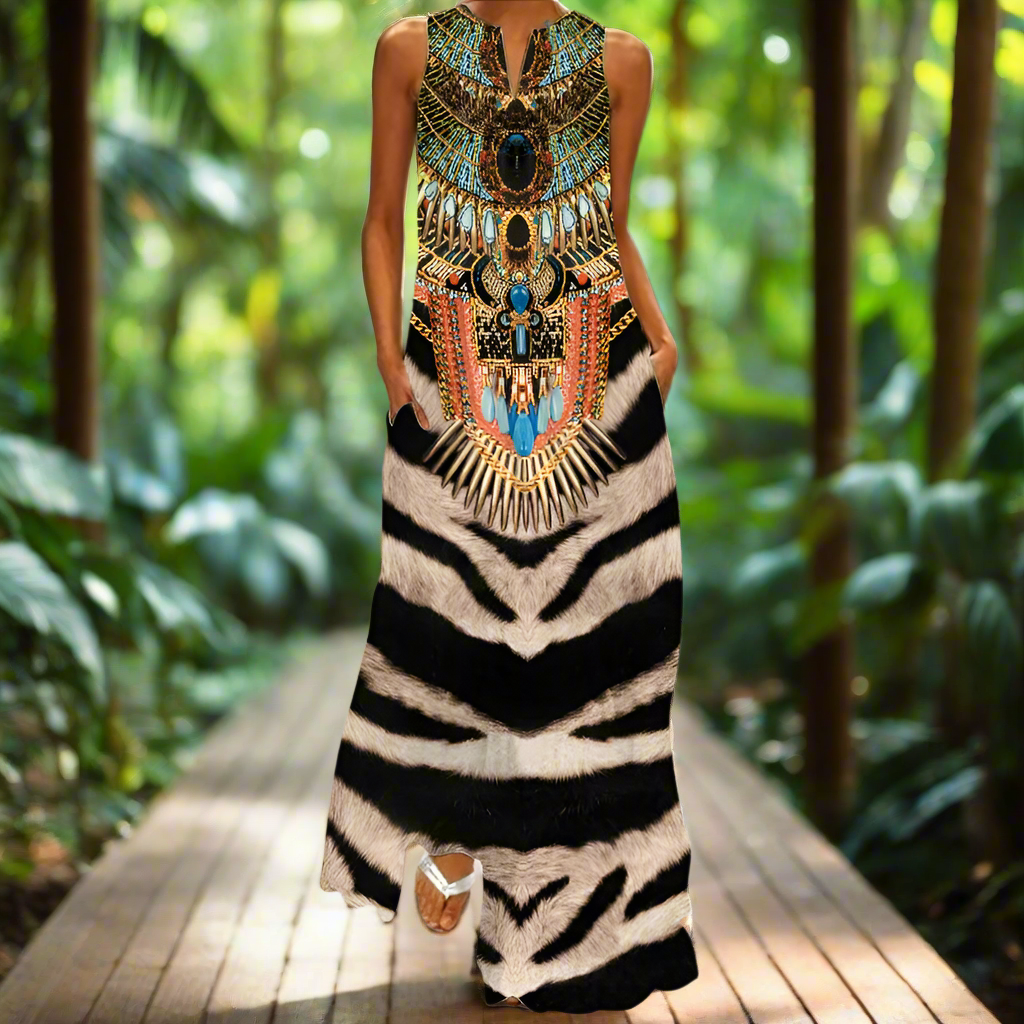 2.Bohemian Maxi Dresses for Women with Pockets Loose Summer Clothing Printed Ankle-Length A-Line Dresses