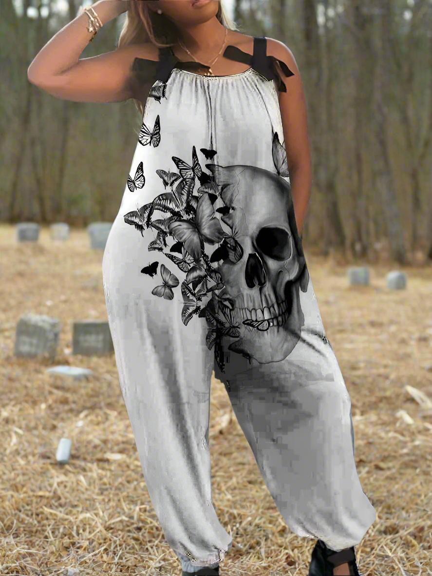 1.Women’s Gothic Skull Print Wide-Leg Jumpsuit – Punk Halloween Streetwear Rompers | High-Waist Full-Length Overalls for Spring, Summer & Autumn