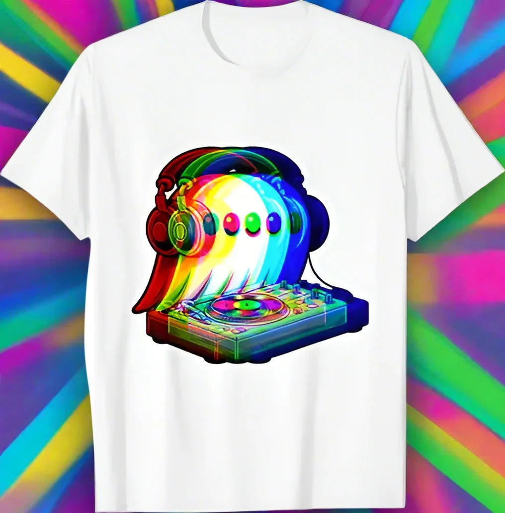 1.Dark Grey - Ghost DJ Optical Illusion T-Shirt – Trippy EDM Rave Halloween Tee for House Music Lovers