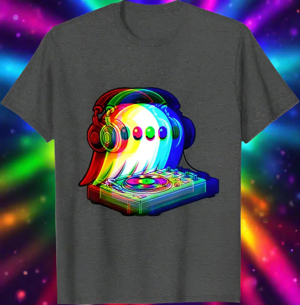 1.Dark Grey - Ghost DJ Optical Illusion T-Shirt – Trippy EDM Rave Halloween Tee for House Music Lovers