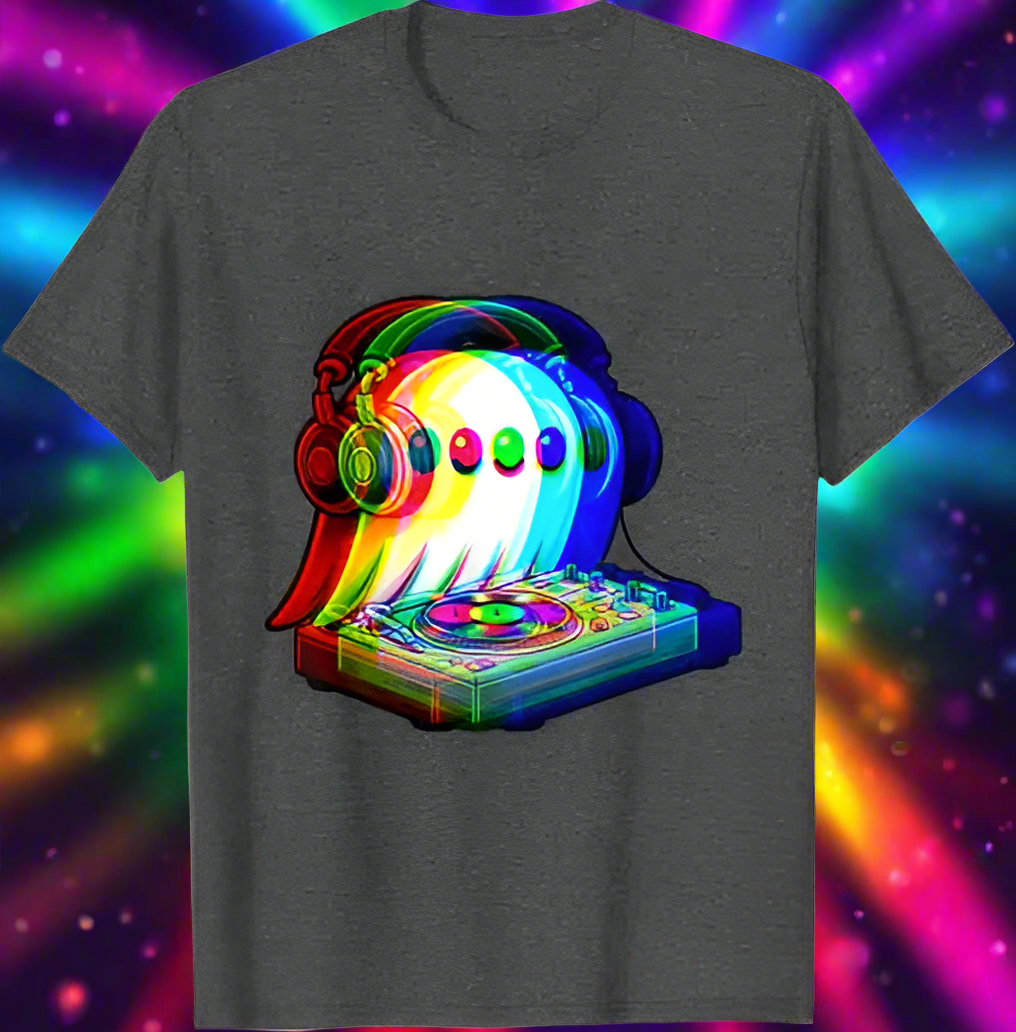 1.Dark Grey - Ghost DJ Optical Illusion T-Shirt – Trippy EDM Rave Halloween Tee for House Music Lovers