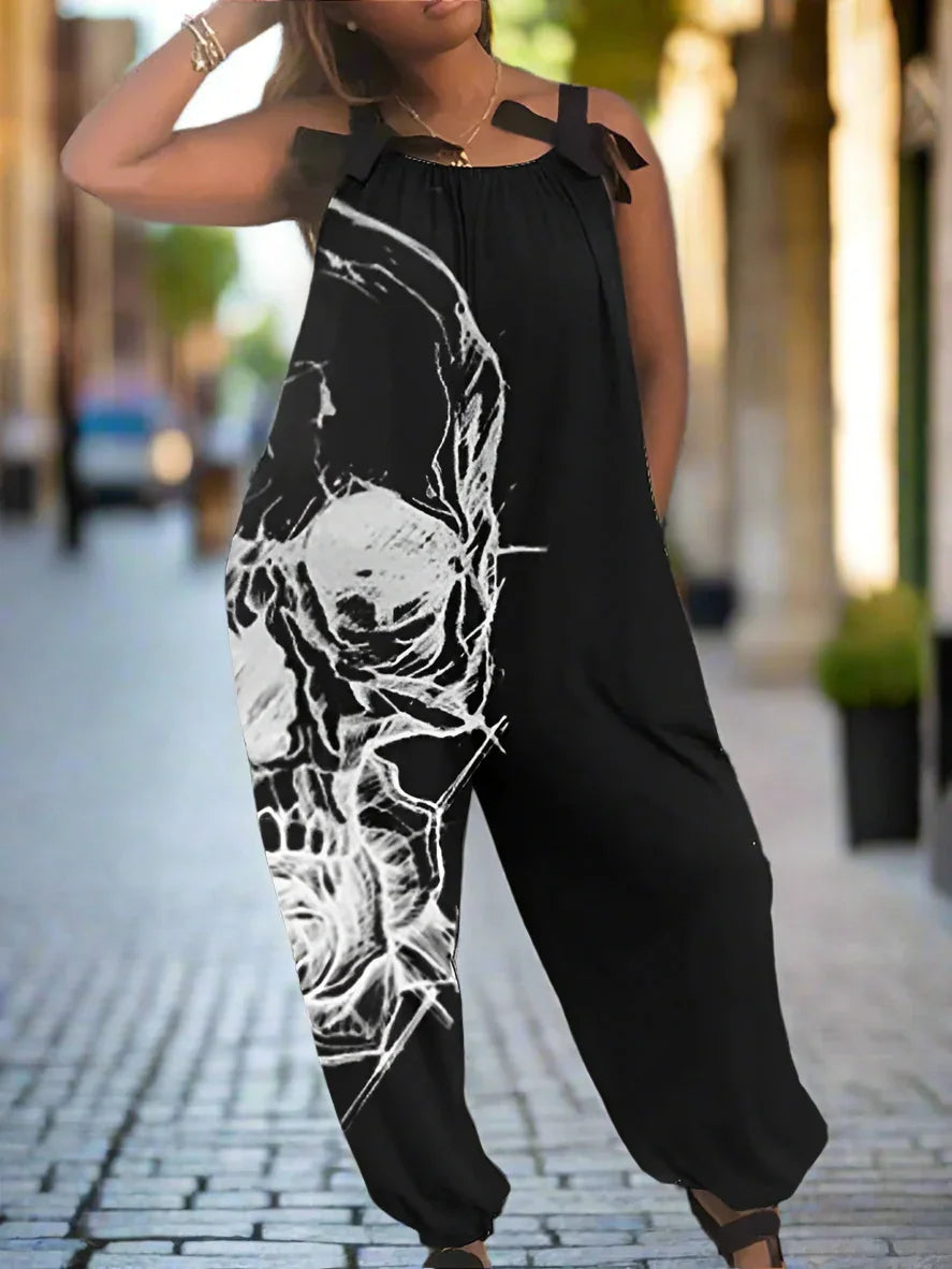 1.Women’s Gothic Skull Print Wide-Leg Jumpsuit – Punk Halloween Streetwear Rompers | High-Waist Full-Length Overalls for Spring, Summer & Autumn