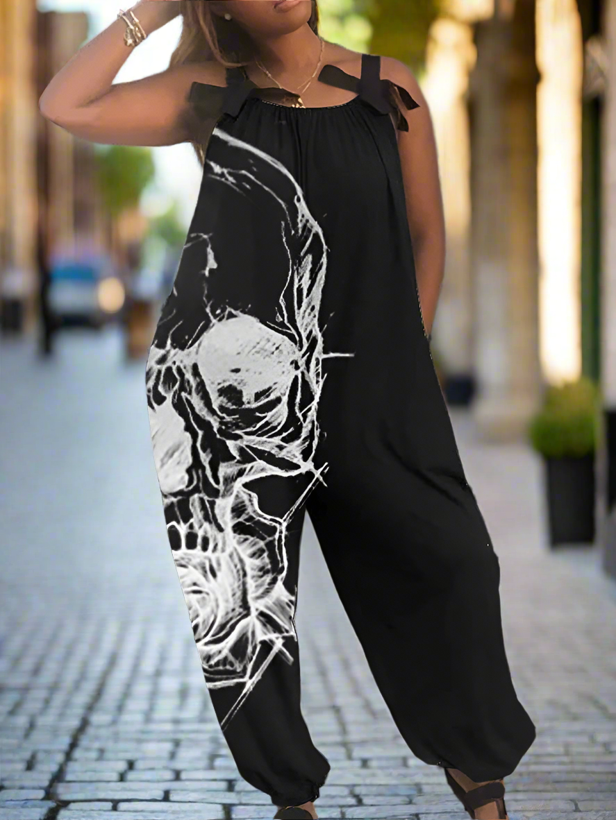 1.Women’s Gothic Skull Print Wide-Leg Jumpsuit – Punk Halloween Streetwear Rompers | High-Waist Full-Length Overalls for Spring, Summer & Autumn