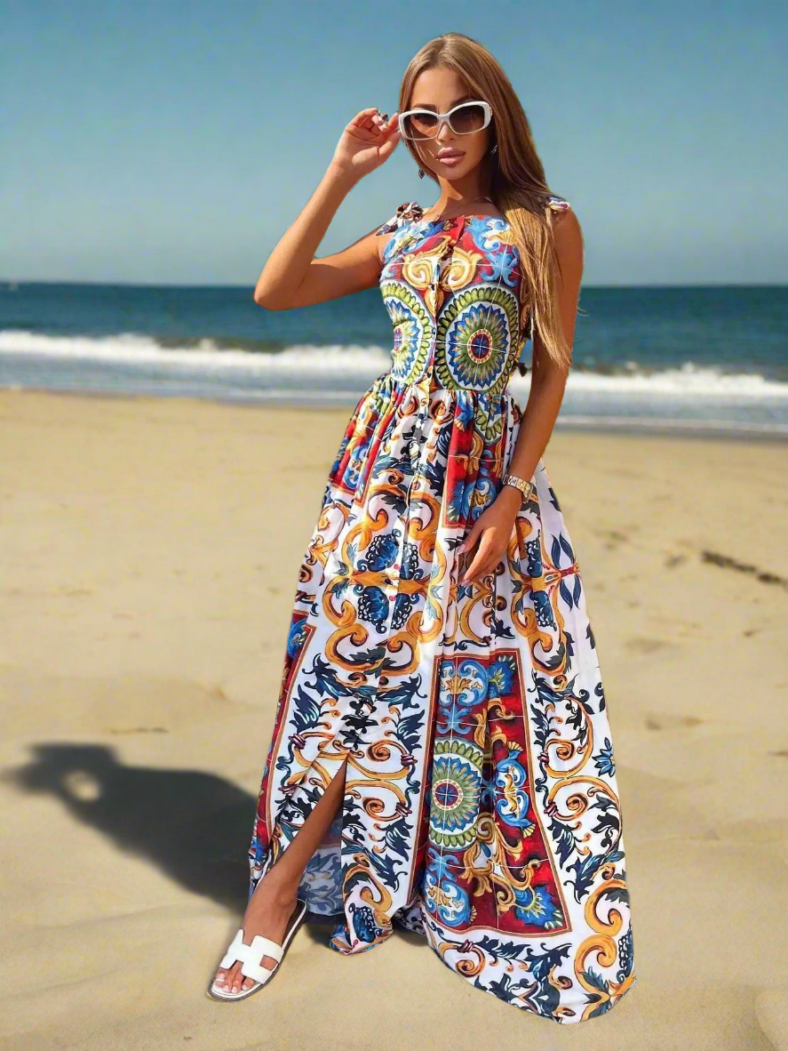Chica Bandage Print Maxi Dresses – Elegant A-Line Summer Party & Beachwear for Women
