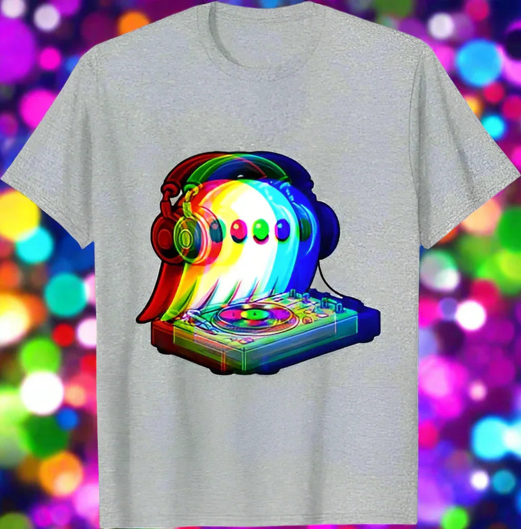 1.Dark Grey - Ghost DJ Optical Illusion T-Shirt – Trippy EDM Rave Halloween Tee for House Music Lovers