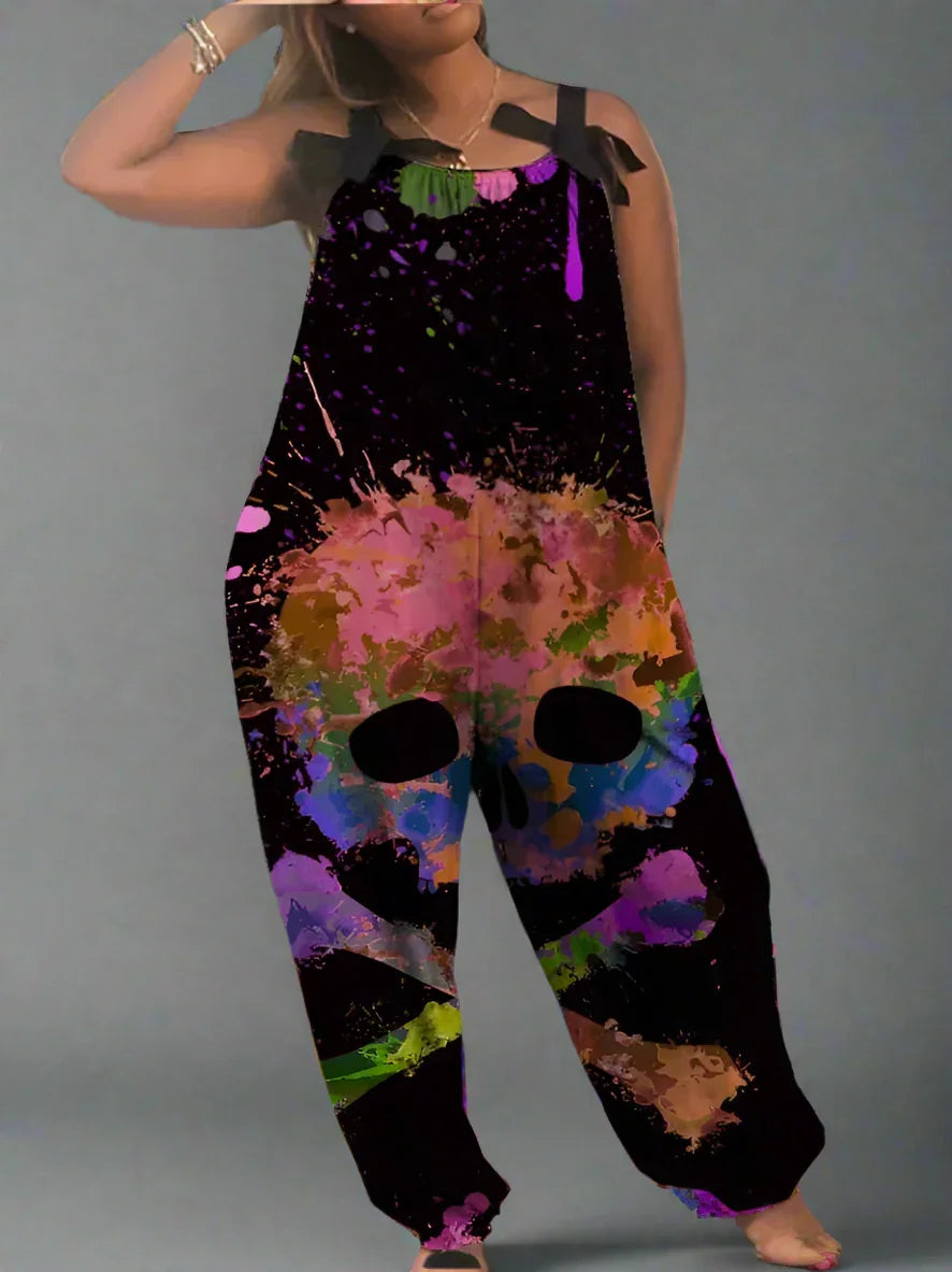 2.Women’s Gothic Skull Print Wide-Leg Jumpsuit – Punk Halloween Streetwear Rompers | High-Waist Full-Length Overalls for Spring, Summer & Autumn