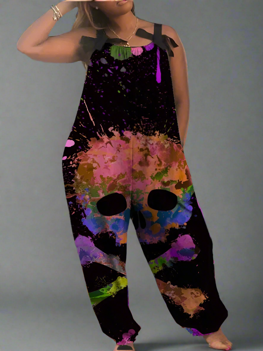 2.Women’s Gothic Skull Print Wide-Leg Jumpsuit – Punk Halloween Streetwear Rompers | High-Waist Full-Length Overalls for Spring, Summer & Autumn