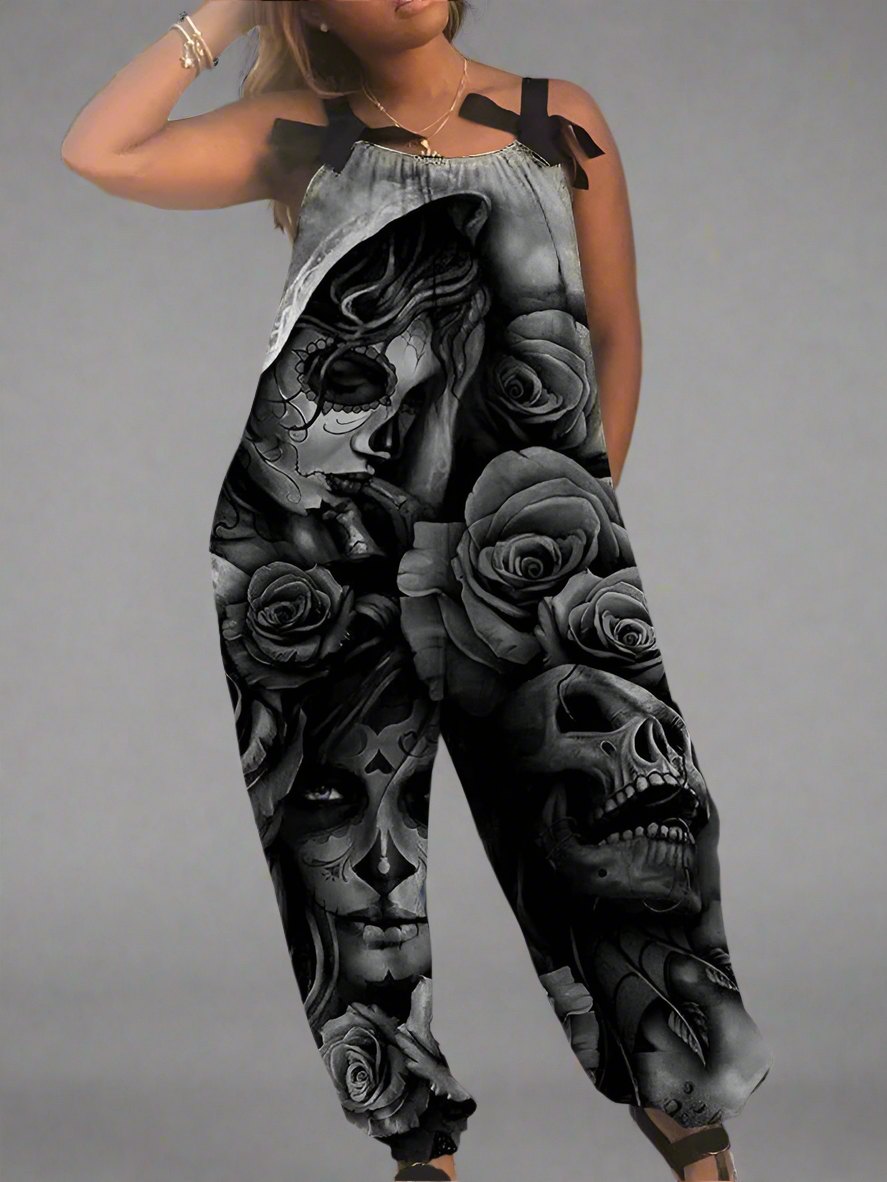 1.Women’s Gothic Skull Print Wide-Leg Jumpsuit – Punk Halloween Streetwear Rompers | High-Waist Full-Length Overalls for Spring, Summer & Autumn
