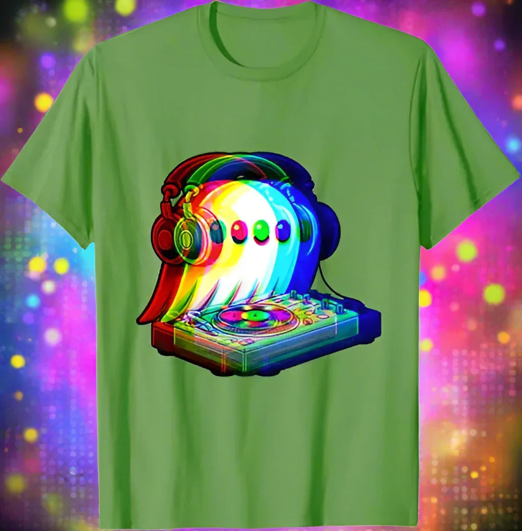 3.Ghost DJ Optical Illusion T-Shirt – Trippy EDM Rave Halloween Tee for House Music Lovers