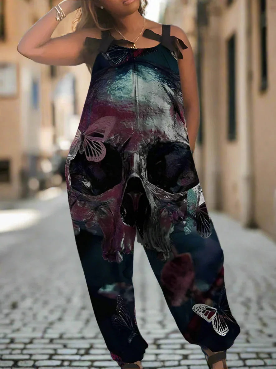 1.Women’s Gothic Skull Print Wide-Leg Jumpsuit – Punk Halloween Streetwear Rompers | High-Waist Full-Length Overalls for Spring, Summer & Autumn