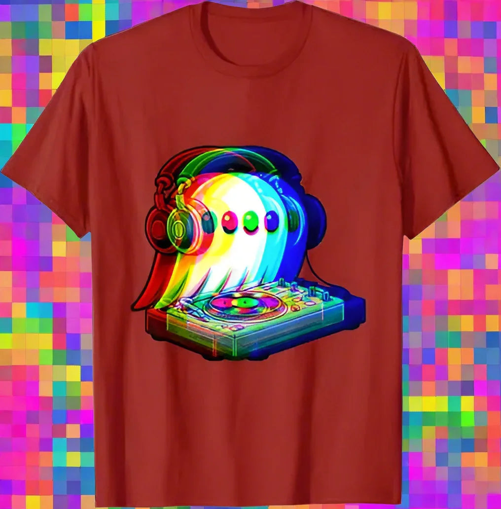 1.Dark Grey - Ghost DJ Optical Illusion T-Shirt – Trippy EDM Rave Halloween Tee for House Music Lovers