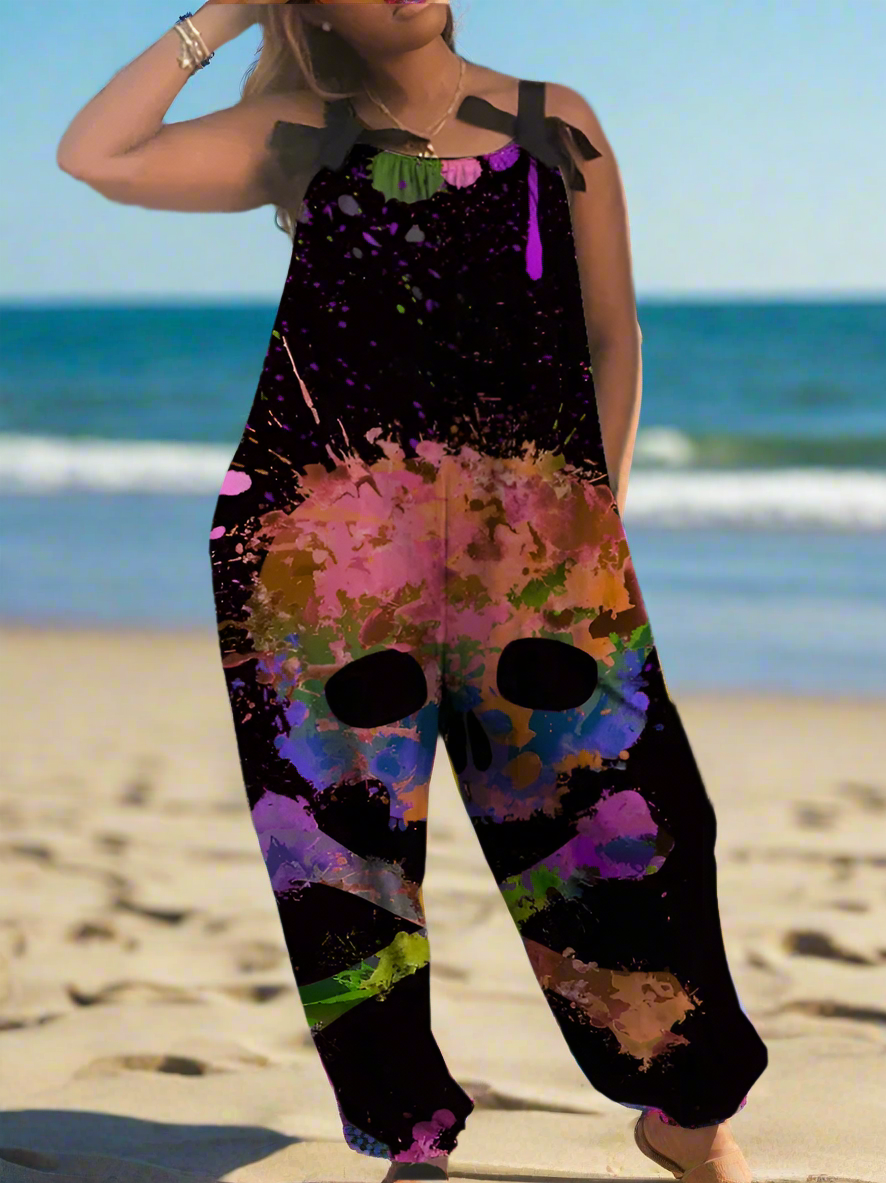 1.Women’s Gothic Skull Print Wide-Leg Jumpsuit – Punk Halloween Streetwear Rompers | High-Waist Full-Length Overalls for Spring, Summer & Autumn