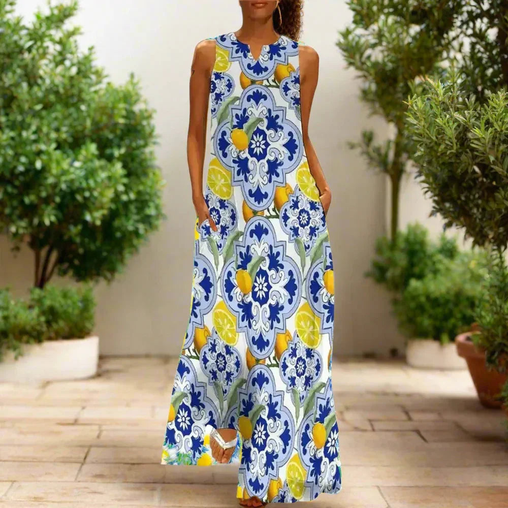 3.Bohemian Maxi Dresses for Women with Pockets Loose Summer Clothing Printed Ankle-Length A-Line Dresses