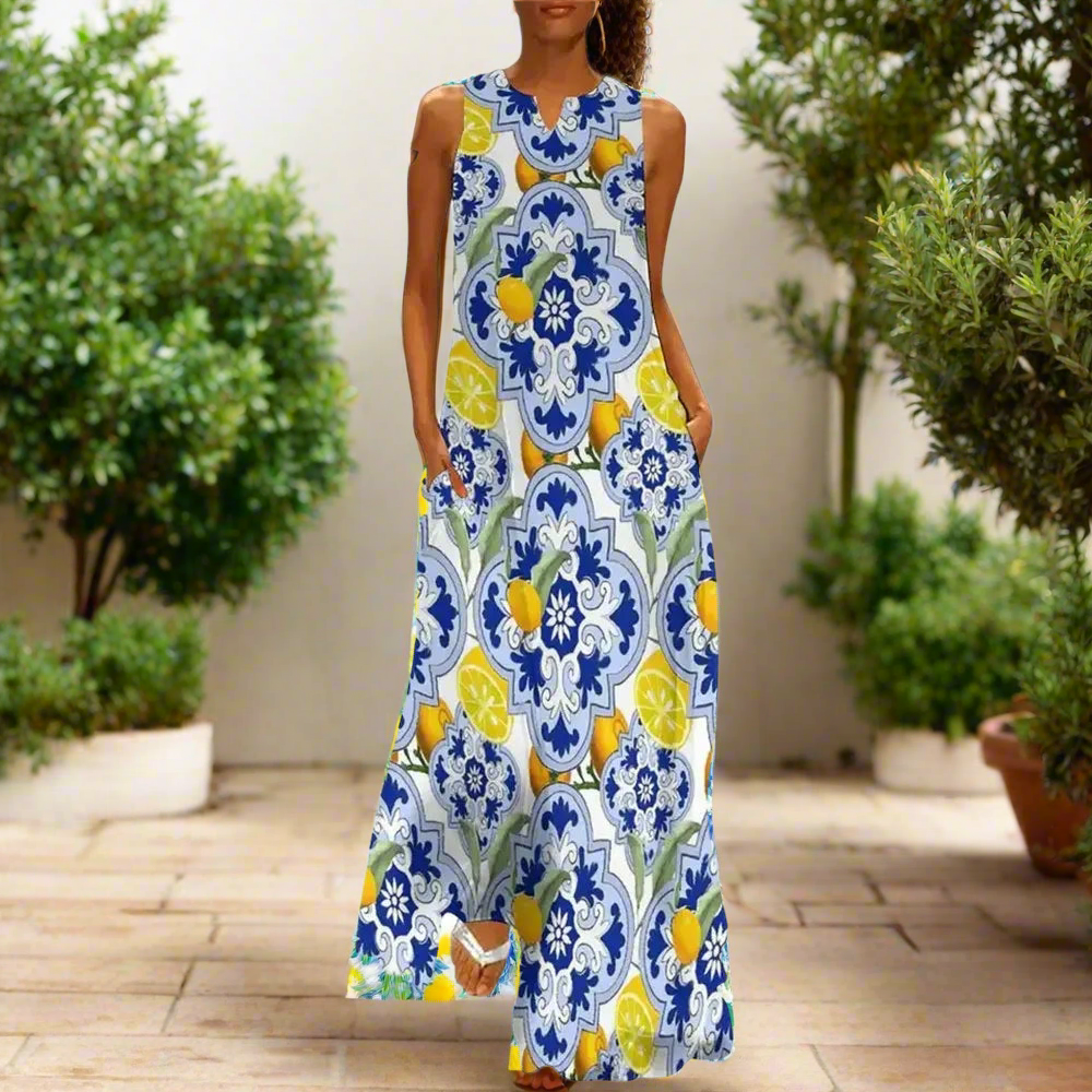 3.Bohemian Maxi Dresses for Women with Pockets Loose Summer Clothing Printed Ankle-Length A-Line Dresses