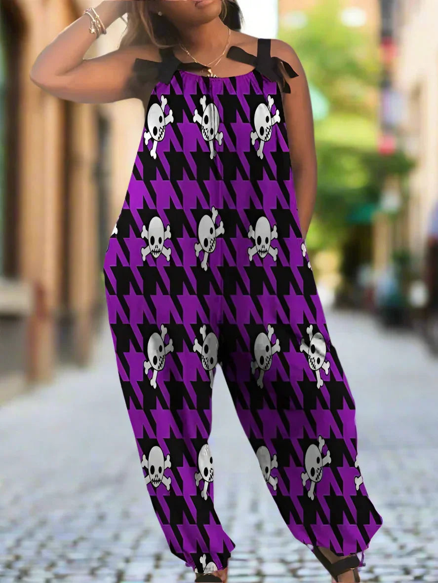 1.Women’s Gothic Skull Print Wide-Leg Jumpsuit – Punk Halloween Streetwear Rompers | High-Waist Full-Length Overalls for Spring, Summer & Autumn