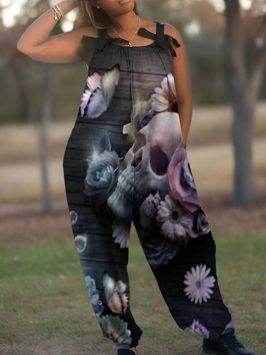 2.Women’s Gothic Skull Print Wide-Leg Jumpsuit – Punk Halloween Streetwear Rompers | High-Waist Full-Length Overalls for Spring, Summer & Autumn