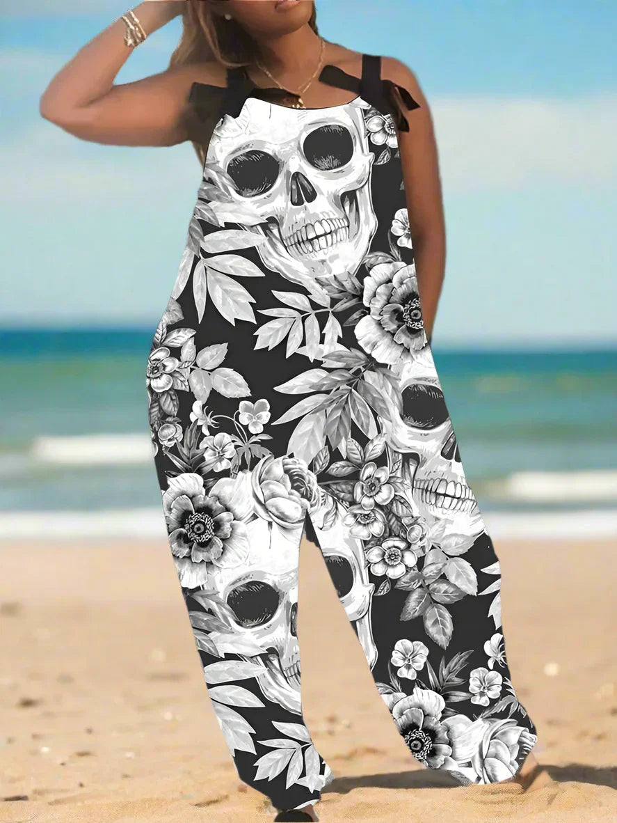 1.Women’s Gothic Skull Print Wide-Leg Jumpsuit – Punk Halloween Streetwear Rompers | High-Waist Full-Length Overalls for Spring, Summer & Autumn