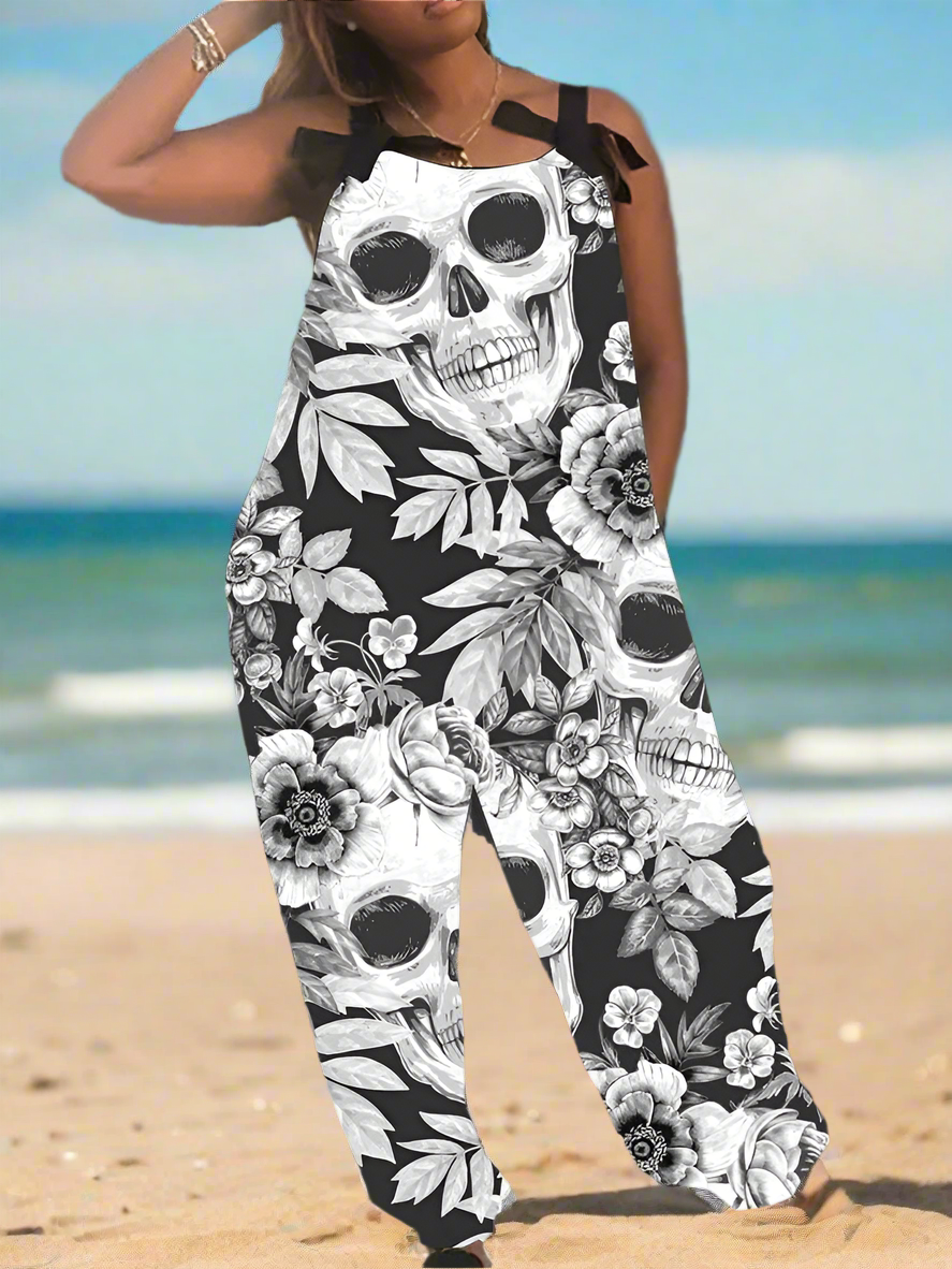 1.Women’s Gothic Skull Print Wide-Leg Jumpsuit – Punk Halloween Streetwear Rompers | High-Waist Full-Length Overalls for Spring, Summer & Autumn