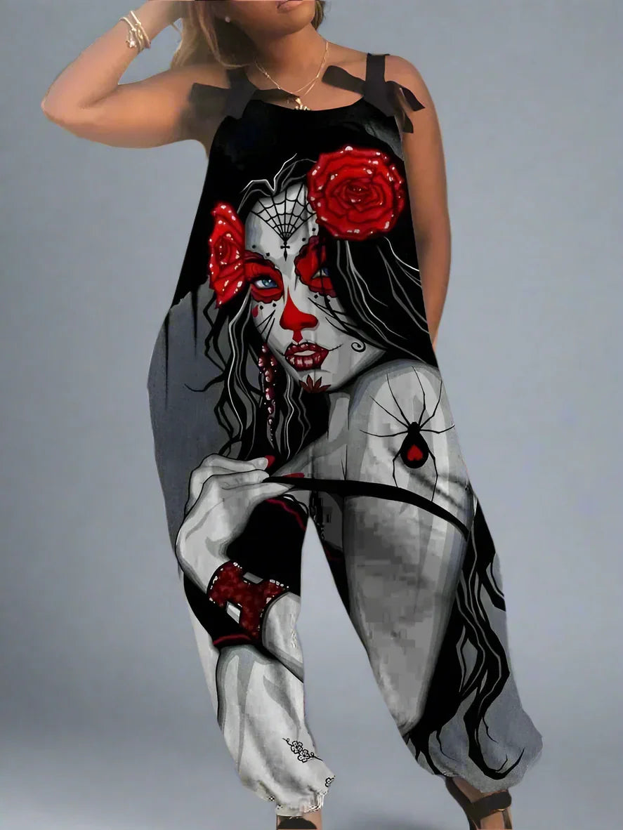 2.Women’s Gothic Skull Print Wide-Leg Jumpsuit – Punk Halloween Streetwear Rompers | High-Waist Full-Length Overalls for Spring, Summer & Autumn