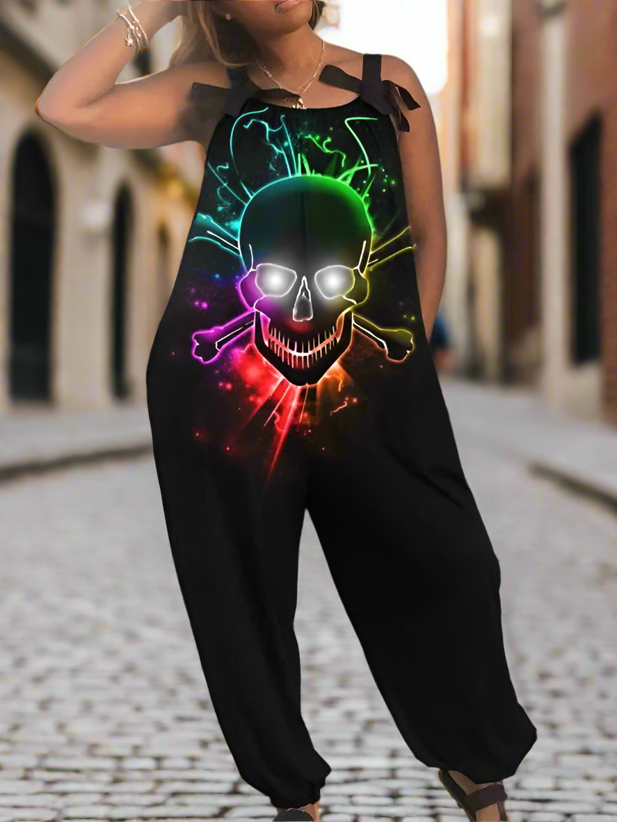 2.Women’s Gothic Skull Print Wide-Leg Jumpsuit – Punk Halloween Streetwear Rompers | High-Waist Full-Length Overalls for Spring, Summer & Autumn