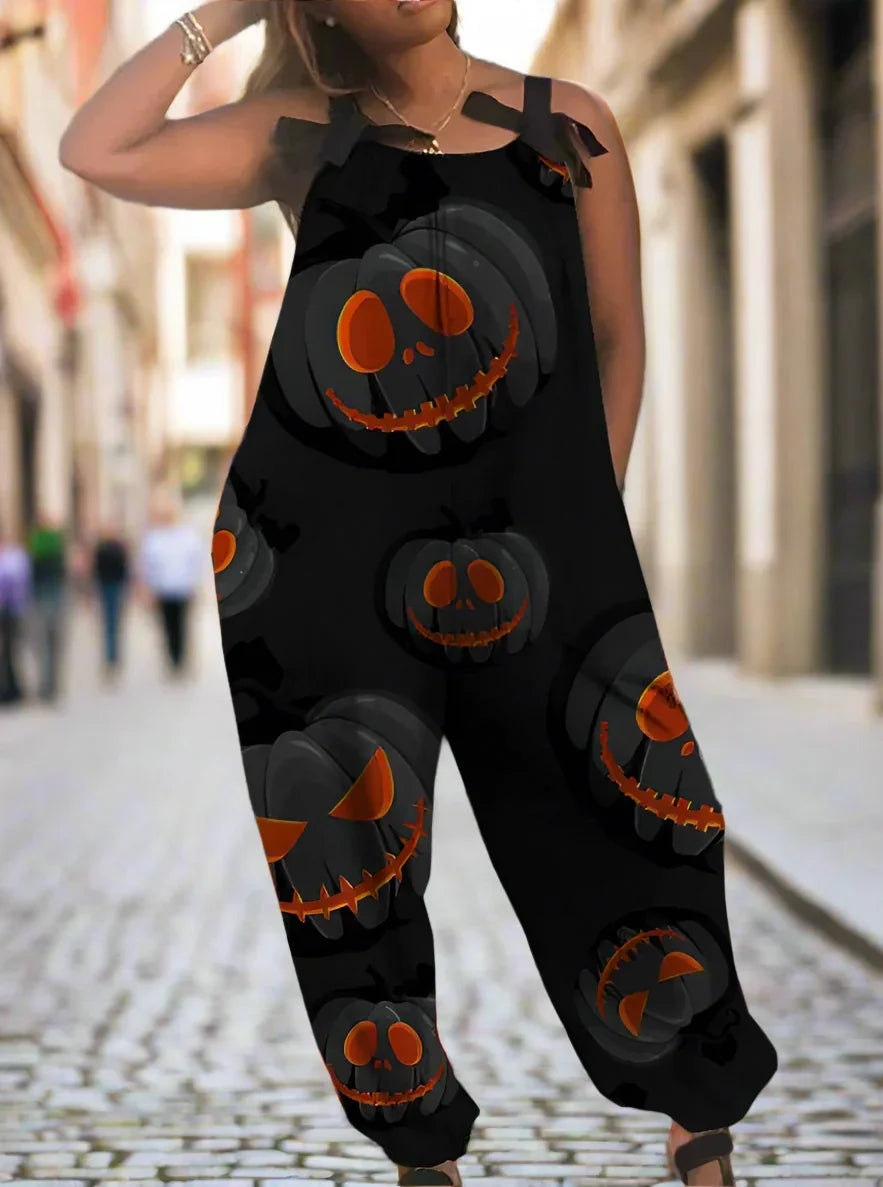 1.Women’s Gothic Skull Print Wide-Leg Jumpsuit – Punk Halloween Streetwear Rompers | High-Waist Full-Length Overalls for Spring, Summer & Autumn