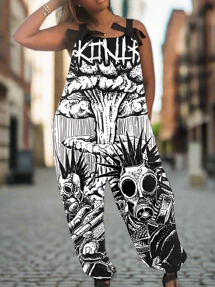 2.Women’s Gothic Skull Print Wide-Leg Jumpsuit – Punk Halloween Streetwear Rompers | High-Waist Full-Length Overalls for Spring, Summer & Autumn