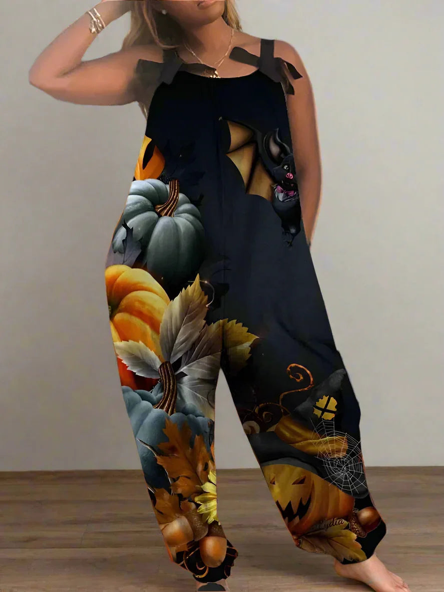 1.Women’s Gothic Skull Print Wide-Leg Jumpsuit – Punk Halloween Streetwear Rompers | High-Waist Full-Length Overalls for Spring, Summer & Autumn