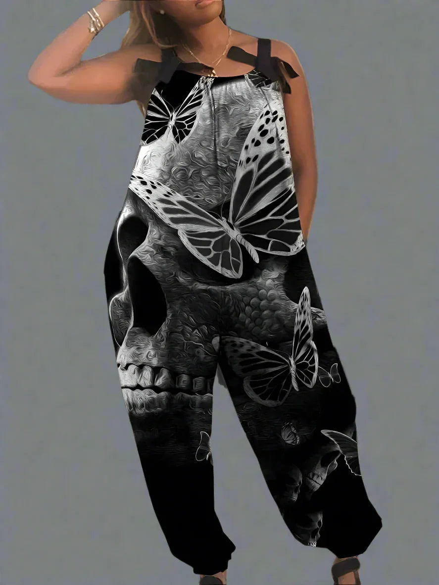 2.Women’s Gothic Skull Print Wide-Leg Jumpsuit – Punk Halloween Streetwear Rompers | High-Waist Full-Length Overalls for Spring, Summer & Autumn